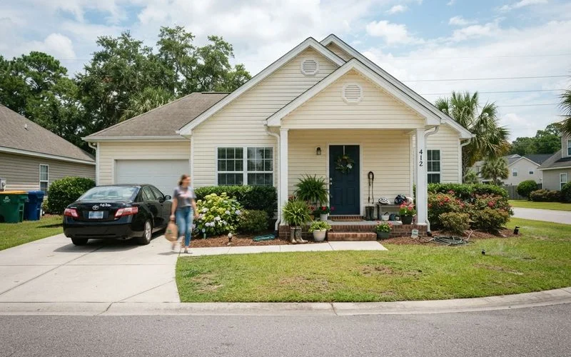 A freshly washed home exterior with a clean driveway, staged for real estate listing photos