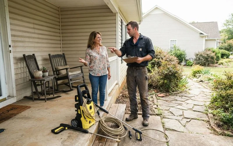 An elderly homeowner speaking with a pressure washing technician about pricing and scheduling on their front porch