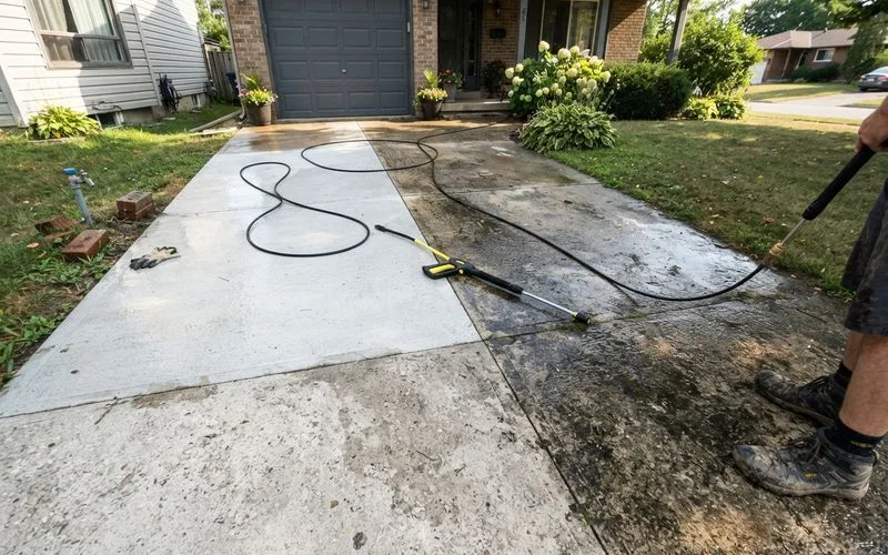 A pressure washing technician cleaning a concrete driveway with a surface cleaner attachment on a sunny day