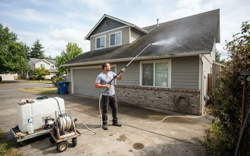 A ladder positioned against a house with an extension wand reaching the roofline for ground-level soft washing
