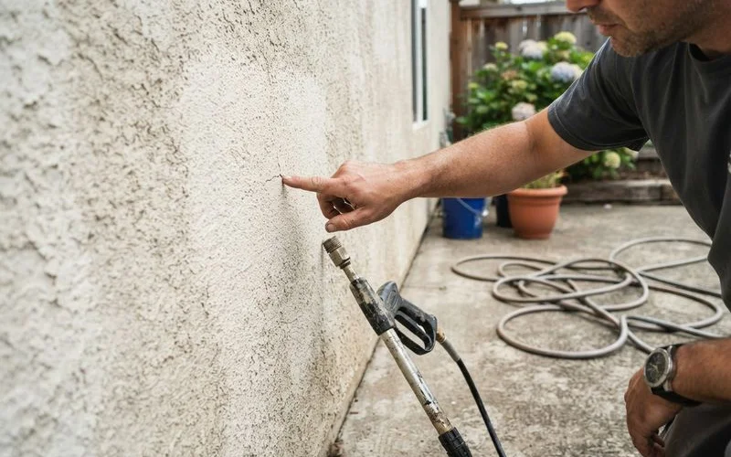 A homeowner inspecting a small crack in stucco siding that appeared after a pressure washing job