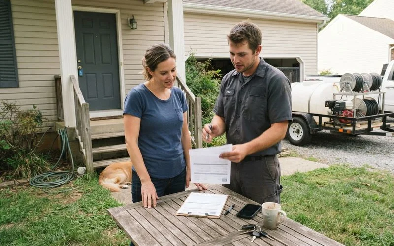 A homeowner reviewing a written estimate and payment terms with a pressure washing contractor standing on a driveway