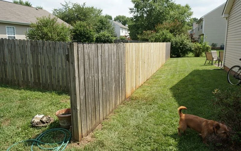 A shared wood fence line between two suburban backyards, showing algae staining concentrated on one neighbor's section