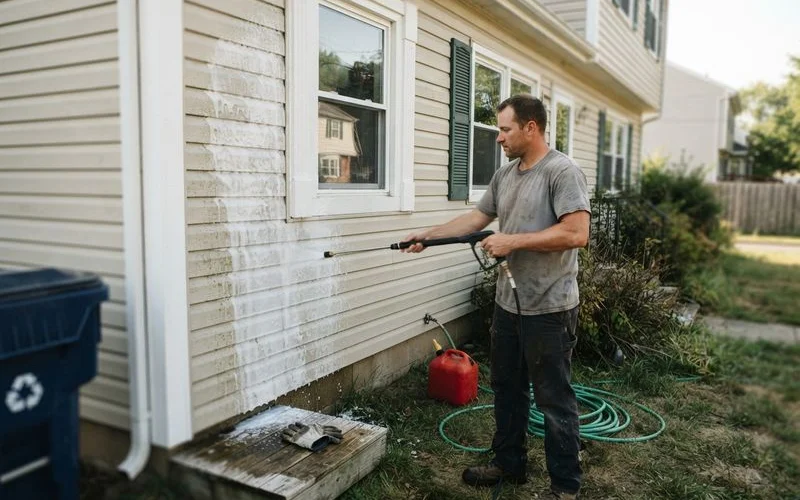 A technician applying a soft wash cleaning solution to vinyl siding using a low-pressure sprayer wand