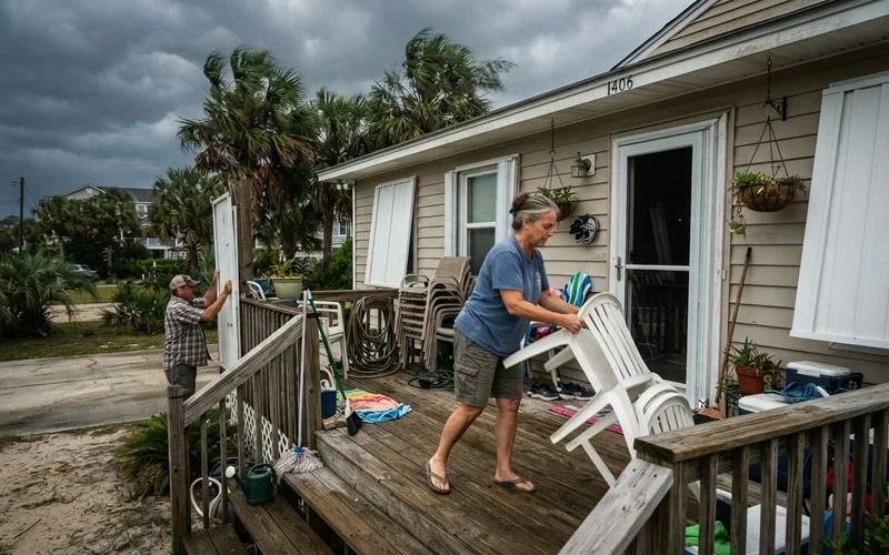 Storm clouds gathering over a coastal Myrtle Beach neighborhood with a clear, well-maintained gutter line visible on a nearby home