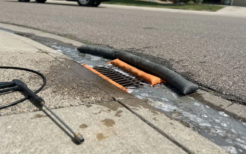 A storm drain opening near a residential driveway with a containment barrier placed around it during a cleaning job