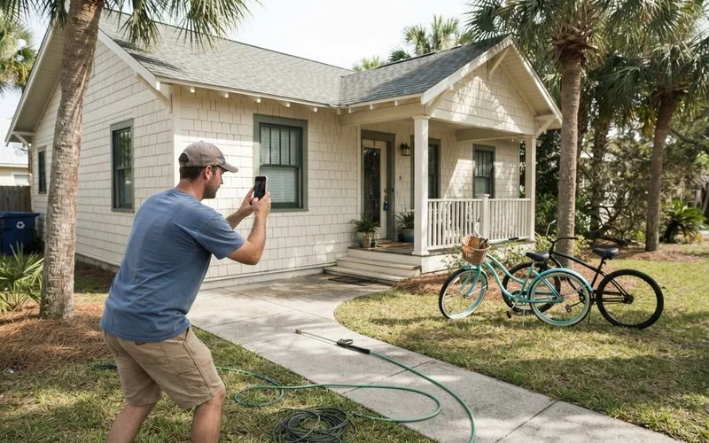 A vacation rental property exterior with a driveway and entryway freshly cleaned, photographed for a remote owner